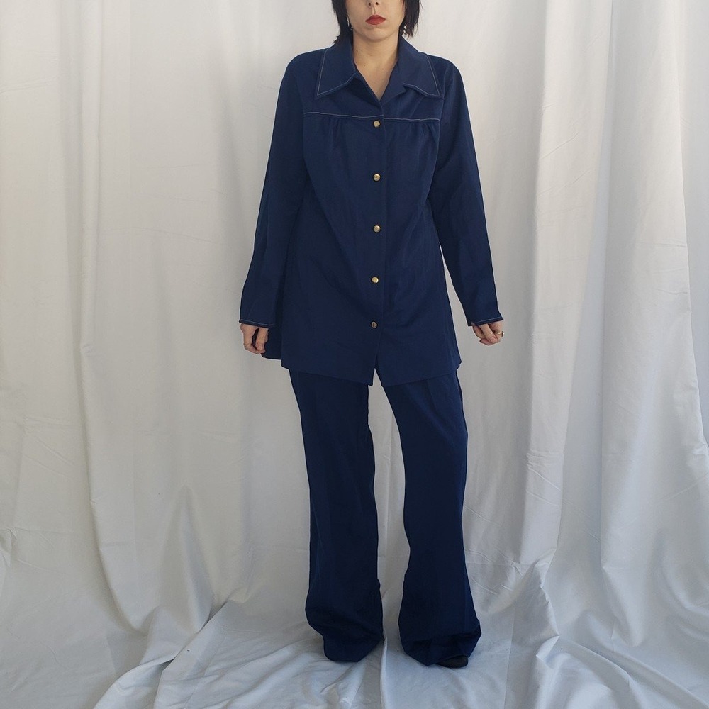 70s Blue Polyester Pants‎ and Shirt Set